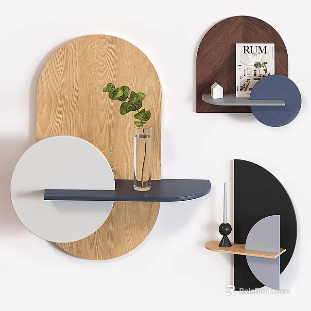 Modern Wall Mounted Shelves With Wooden Circular Design Blue White Accents And Green Plant Vase 3d model 