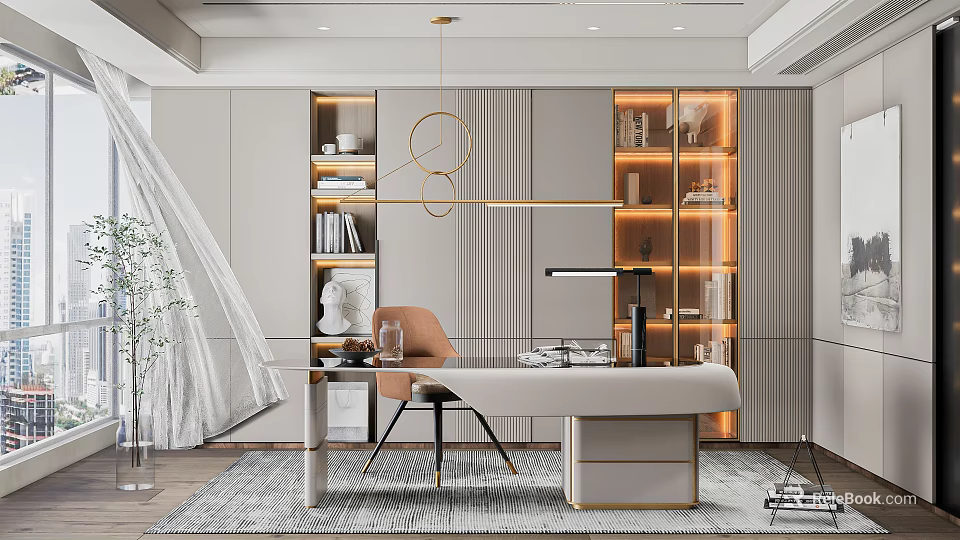 Elegant Modern Home Study Interior With White Desk Bookshelves Pendant Light And Comfortable Chair 3d model 