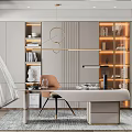 Elegant Modern Home Study Interior With White Desk Bookshelves Pendant Light And Comfortable Chair