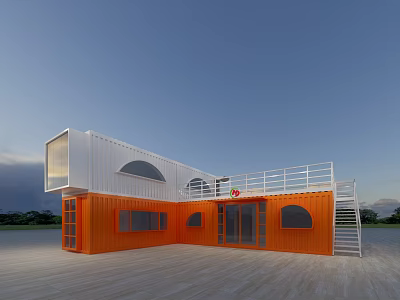 Orange And White Container Milk Tea Shop Exterior With Open Terrace And Wooden Floor 3d model