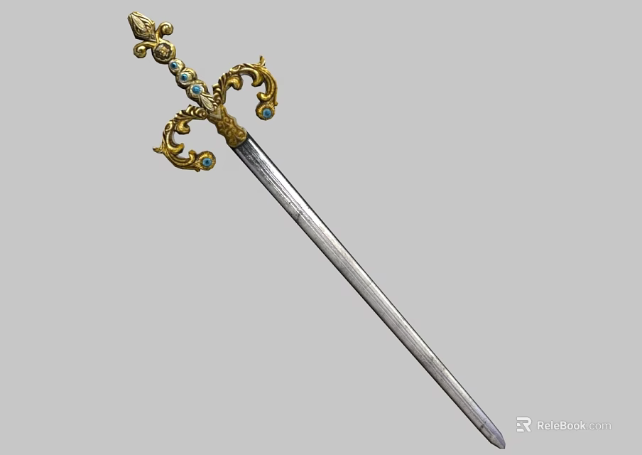 Ornate Decorative Sword With Golden Hilt And Blue Gemstone Accents On Metal Blade 3d model 