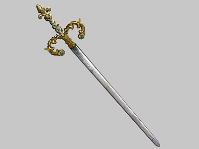 Ornate Decorative Sword With Golden Hilt And Blue Gemstone Accents On Metal Blade 3d model