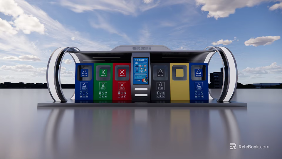 Modern Public Waste Sorting Facility With Color Coded Trash Bins For Multiple Categories 3d model 