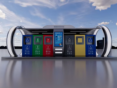 Modern Public Waste Sorting Facility With Color Coded Trash Bins For Multiple Categories 3d model