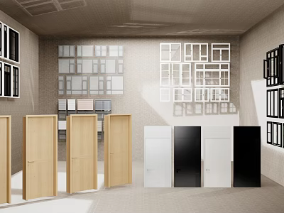 Different Types Of Wooden White And Black Doors Display In Modern Interior With Grid Designs 3d model