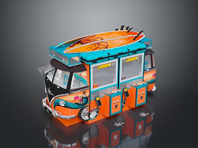 Colorful Orange And Blue Food Truck Model With Surfboard On Top And Detailed Design 3d model
