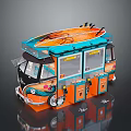 Colorful Orange And Blue Food Truck Model With Surfboard On Top And Detailed Design
