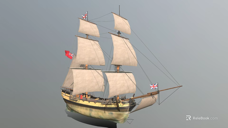 Classic Tall Sailing Ship with Multiple White Sails British Flags Red Flag and Wooden Hull 3d model 