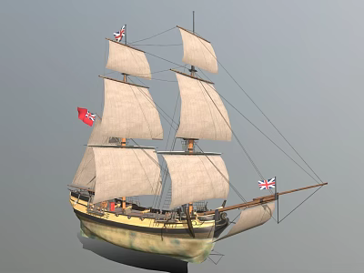 Classic Tall Sailing Ship with Multiple White Sails British Flags Red Flag and Wooden Hull 3d model