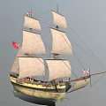 Classic Tall Sailing Ship with Multiple White Sails British Flags Red Flag and Wooden Hull