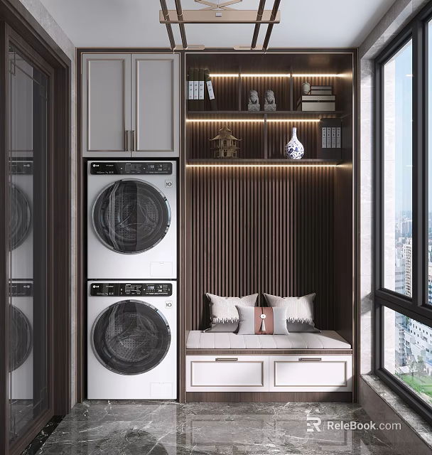 Home Balcony With Double Door Washing Machine Seating Cushions Bookshelf And City View 3d model 