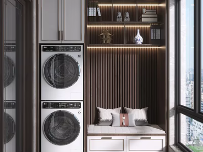Home Balcony With Double Door Washing Machine Seating Cushions Bookshelf And City View 3d model