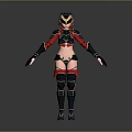 Female Game And Movie Character Standing In Red Black Armor With Helmet And Gauntlets