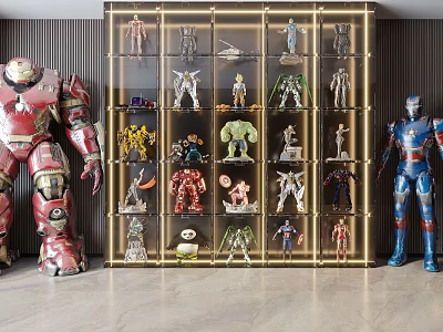 Display Cabinet With Glass Doors Showcasing Action Figures And Collectibles Alongside Large Iron Man Figures 3d model