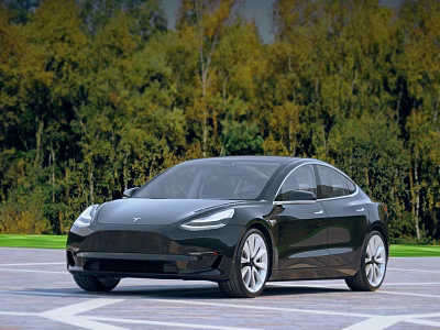 Black Tesla Sedan Parked On Pavement With Green Forest Background 3d model