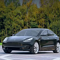 Black Tesla Sedan Parked On Pavement With Green Forest Background