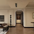 Modern Living Dining Room Interior With Black Leather Sofa Round Wall Lights And Herringbone Flooring