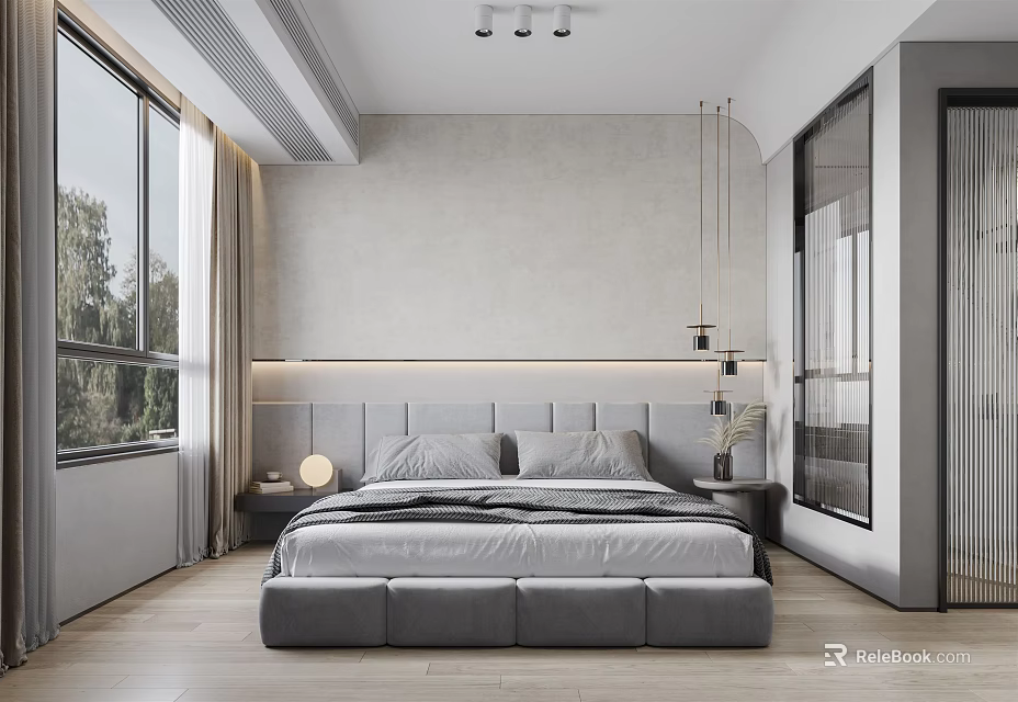 Modern Bedroom Interior Design With Large Gray Bed LED Strip Lighting And Window 3d model