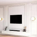 White Paneled TV Background Wall with Mounted Black TV Decorative Stand and Wall Sconces