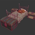 Vintage Bedroom Interior With Brass Bed Frame Patterned Bedspread Wooden Nightstands And Antique Trunk