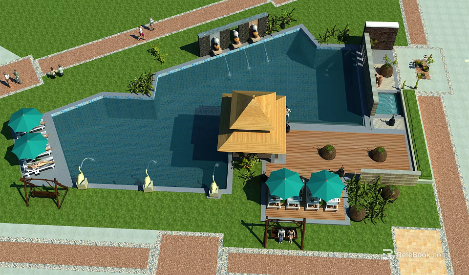Tropical Garden Landscape Design With Pool Pavilion Umbrellas Fountains And Stone Paths 3d model 