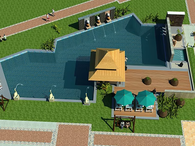 Tropical Garden Landscape Design With Pool Pavilion Umbrellas Fountains And Stone Paths 3d model