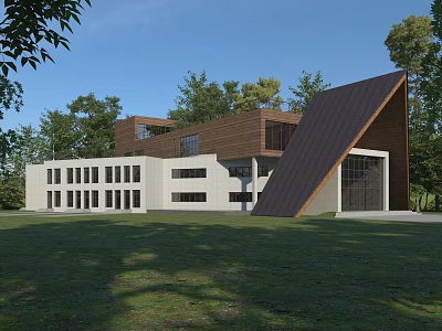 Modern Hotel Building With White Facade Brown Sloped Roof And Green Lawn Surrounded by Trees 3d model