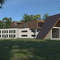 Modern Hotel Building With White Facade Brown Sloped Roof And Green Lawn Surrounded by Trees