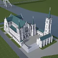 European Architecture With Green Roof Spires And Riverfront Green Lawn Plaza