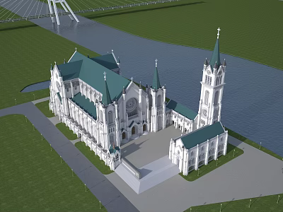 European Architecture With Green Roof Spires And Riverfront Green Lawn Plaza 3d model