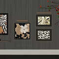 Abstract Paintings With Floral And Geometric Patterns Hanging On Gray Wall With Golden Frames