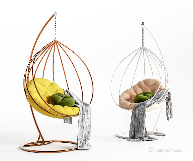 Stylish Hanging Chairs With Brown White Frames Yellow Pink Cushions Green Pillows And Gray Blankets 3d model 