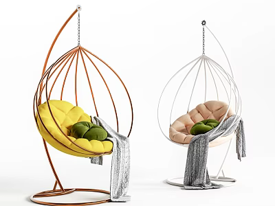Stylish Hanging Chairs With Brown White Frames Yellow Pink Cushions Green Pillows And Gray Blankets 3d model