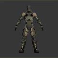 Futuristic Game Movie Character In Green Brown Armored Suit With Helmet And Standing Pose