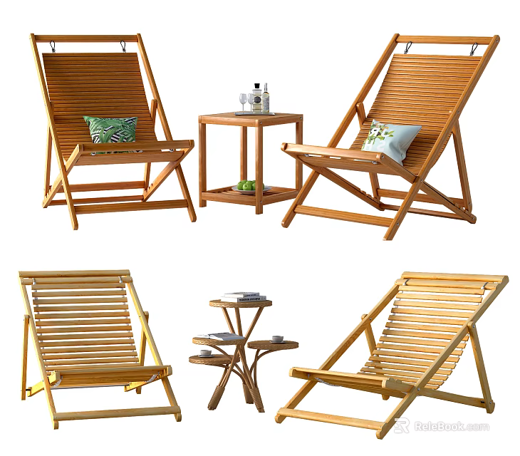 Four Wooden Lounge Chairs With Matching Side Table And Comfortable Green Cushion 3d model 
