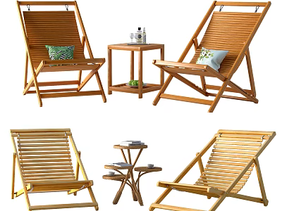 Four Wooden Lounge Chairs With Matching Side Table And Comfortable Green Cushion 3d model