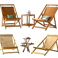 Four Wooden Lounge Chairs With Matching Side Table And Comfortable Green Cushion