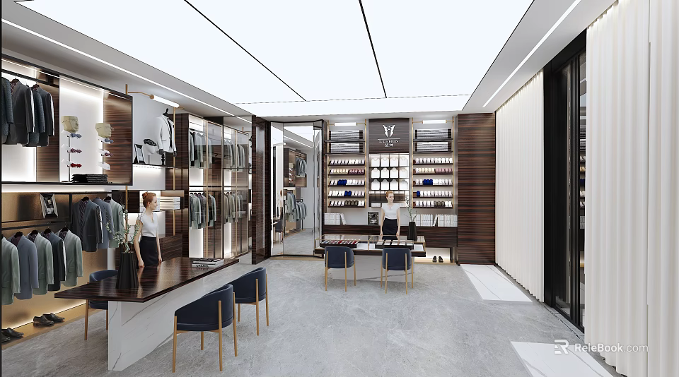 Modern Clothing Store Interior Design With Display Shelves Hanging Clothes Tables And Chairs 3d model 