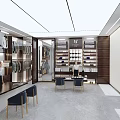 Modern Clothing Store Interior Design With Display Shelves Hanging Clothes Tables And Chairs