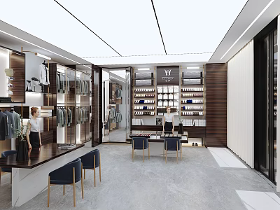 Modern Clothing Store Interior Design With Display Shelves Hanging Clothes Tables And Chairs 3d model