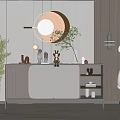 Modern Entryway Console Cabinet With Round Mirror Green Plant And Storage Shelves