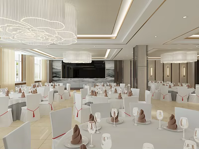 Elegant Banquet Hall Interior With White Tables Chairs Exquisite Tableware Chandeliers And Backdrop Wall 3d model