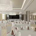 Elegant Banquet Hall Interior With White Tables Chairs Exquisite Tableware Chandeliers And Backdrop Wall