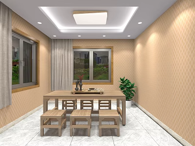 Cozy Restaurant Interior With Wooden Dining Table Benches Diamond Patterned Wallpaper Windows And Potted Plant 3d model