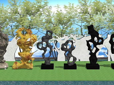 Stone and Wood Sculptures with Various Shapes and Colors in Outdoor 3d model