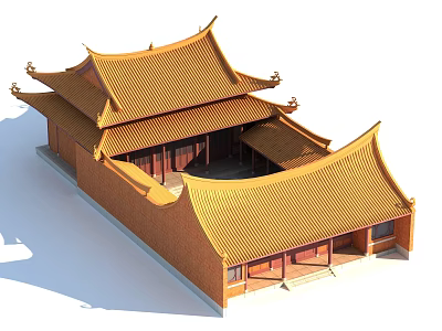 Traditional Ancient Chinese Architecture With Yellow Tiled Roof Upturned Eaves And Red Walls 3d model