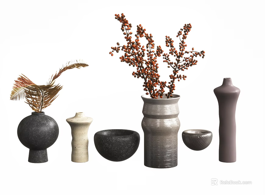 Assorted Decorative Ceramic Vases With Red Berry Branches And Feather Decor 3d model