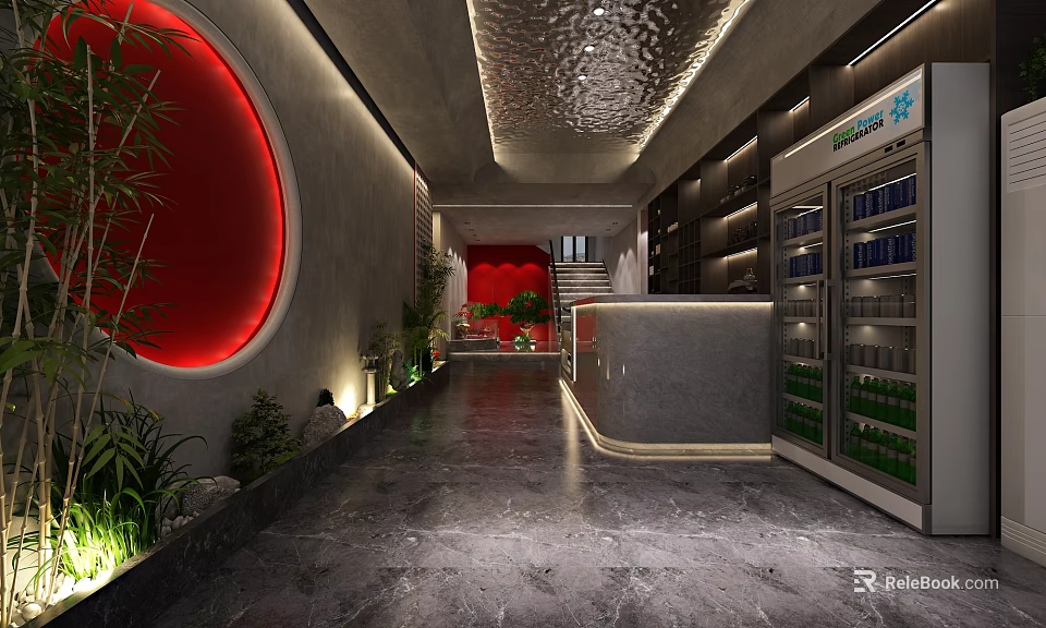 Modern Hotel Lobby Featuring Red Circular Decor Gray Marble Floor Reception Desk Plants Beverage Cooler 3d model 