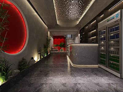 Modern Hotel Lobby Featuring Red Circular Decor Gray Marble Floor Reception Desk Plants Beverage Cooler 3d model