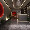Modern Hotel Lobby Featuring Red Circular Decor Gray Marble Floor Reception Desk Plants Beverage Cooler